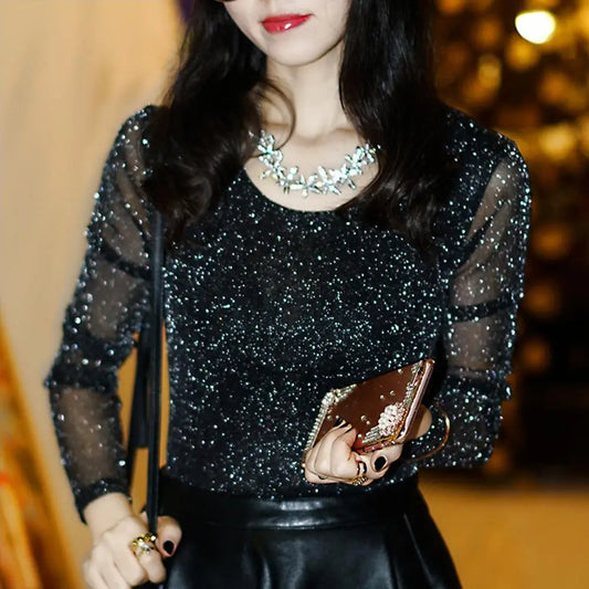 "Summer Mesh Glow" Blouse: The Sheer Mesh Sparkle with Lightweight Comfort